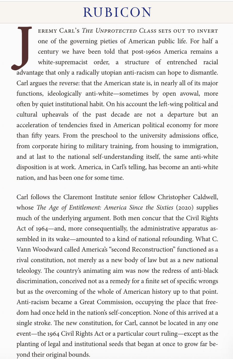Rubicon_Press's tweet photo. We are thrilled by your feedback. For one week, we're opening access to John Le Verrier's review of Jeremy Carl's The Unprotected Class—a sharp reckoning with one of the decade's most contested arguments about American demography. Link below: