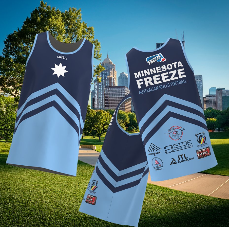 playaussiehq's tweet photo. The Minnesota Freeze Australian Football Club recently collabed with us to produce their 2026 summer training tops, we think they came out superb..@FreezePrez  #aussierulesfootball #Australia #aflw #afl https://t.co/izOR03n9pn