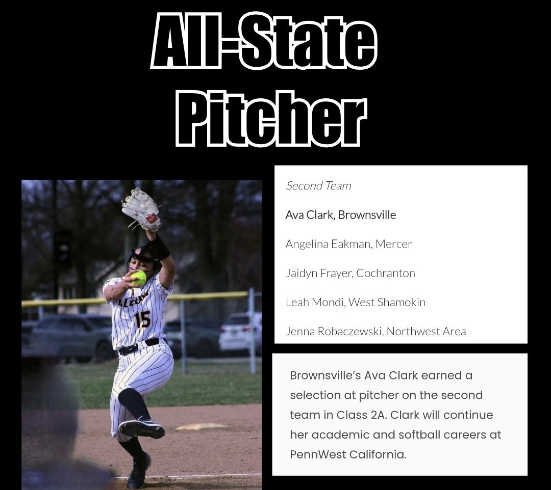 AvaEClark15's tweet photo. Honored to be 2nd team All-State, named Player of Year Runner-Up by the Herald Standard, and All-Section my senior season. @BrownsvilleF @CALU_softball @CoachErb_CalU @ginggga21 https://t.co/EX2vJfv01u