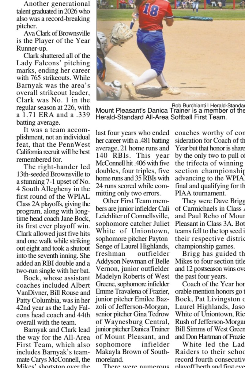 AvaEClark15's tweet photo. Honored to be 2nd team All-State, named Player of Year Runner-Up by the Herald Standard, and All-Section my senior season. @BrownsvilleF @CALU_softball @CoachErb_CalU @ginggga21 https://t.co/EX2vJfv01u