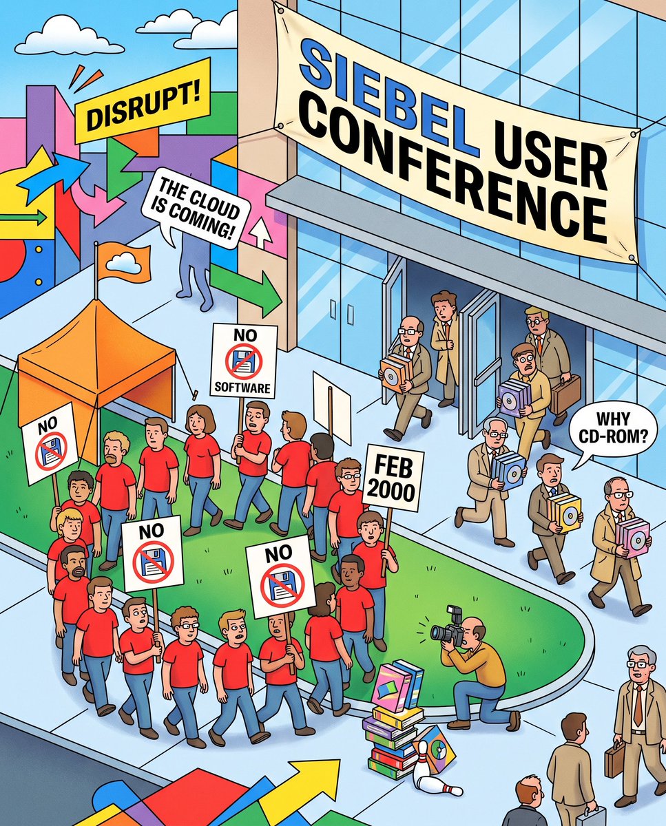 YolkCoach's tweet photo. 🚩 Feb 2000: a scrappy startup showed up outside Siebel Systems' own user conference with picket signs reading "NO SOFTWARE" and a red slash through a floppy disk. Confused attendees thought it was a real protest. It was @salesforce 's entire marketing budget. 😂 Tag the founder-brained friend who'd 100% stage a fake protest outside a competitor's own conference. #SaaS #B2BSales #TechSales