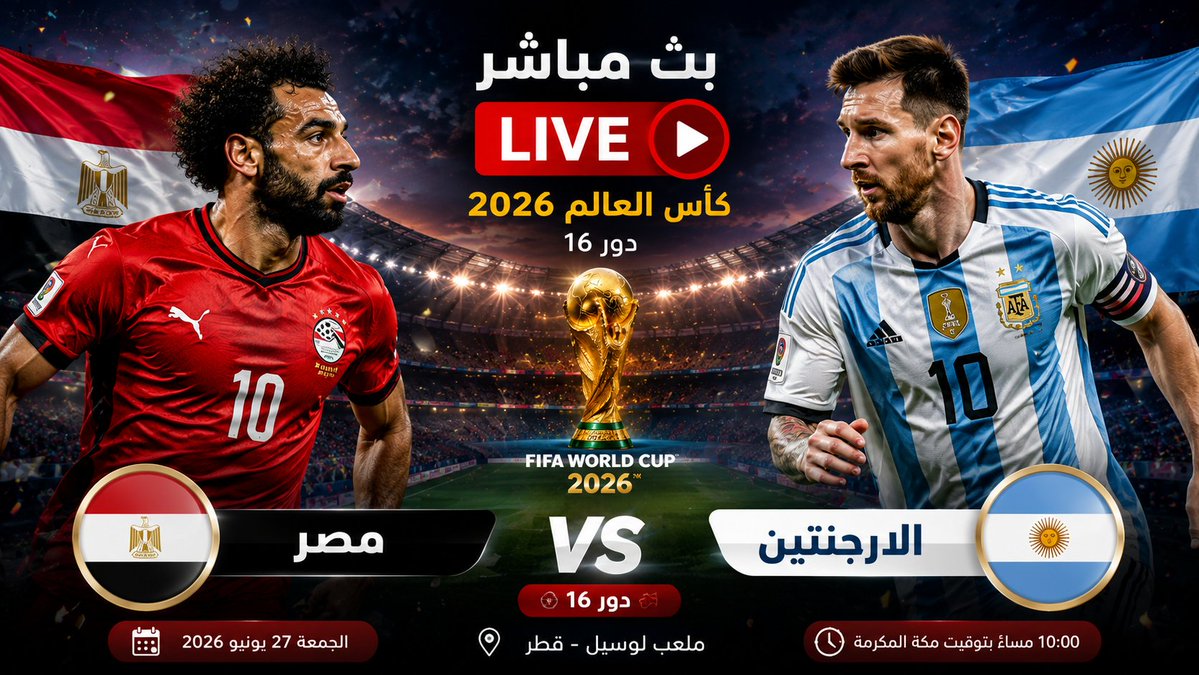 ajeltoknow's tweet photo. #مصر_الأرجنتين #كاس_العالم_٢٠٢٦ #fifaworldcup2026
شاهد مباراة مصر ضد الارجنتين بث مباشر في دور الـ 16 من كاس العالم 2026
رابط المباراة: 
https://t.co/b0gdA0arfM https://t.co/7a9VcgpfVz