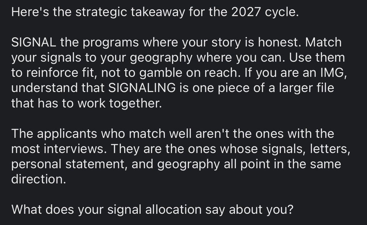 ProjectImg's tweet photo. Tips from a Program Director: How to Use Program Signals Wisely 👍 

Program signals are becoming one of the most important parts of the residency application strategy.

A Program Director recently shared new research showing that signals do more than help you get an interview. They may also increase the chances that a program ranks you.

But the message is not:
“Signal every competitive program you like.”

The real message is:
Signal the programs where your application makes sense.

A strong signal should reinforce your story.

It should match your:

Geographic connection
Clinical experience
Personal statement
Letters of recommendation
Career goals
Reason for choosing that program

For IMG applicants, this is especially important. Signals can help, but they are not magic. A signal alone will not fix an application that does not show fit.

A good signal tells a Program Director:

“I understand your program.”
“I can see myself training there.”
“My background fits your mission.”
“My goals align with what you offer.”

A weak signal tells them:

“I am just trying to improve my odds.”

One of the biggest mistakes applicants make is using signals only on reach programs. Another mistake is sending signals to programs where there is no clear connection between the applicant and the program.

For the 2027 Match cycle, think of your signals as part of your narrative.

Your signal, personal statement, letters, geography, and experiences should all point in the same direction.

The best signal is not the one sent to the most famous program.
The best signal is the one that makes the most sense.

Choose intentionally.

#Match2027 #ERAS #ProgramSignals