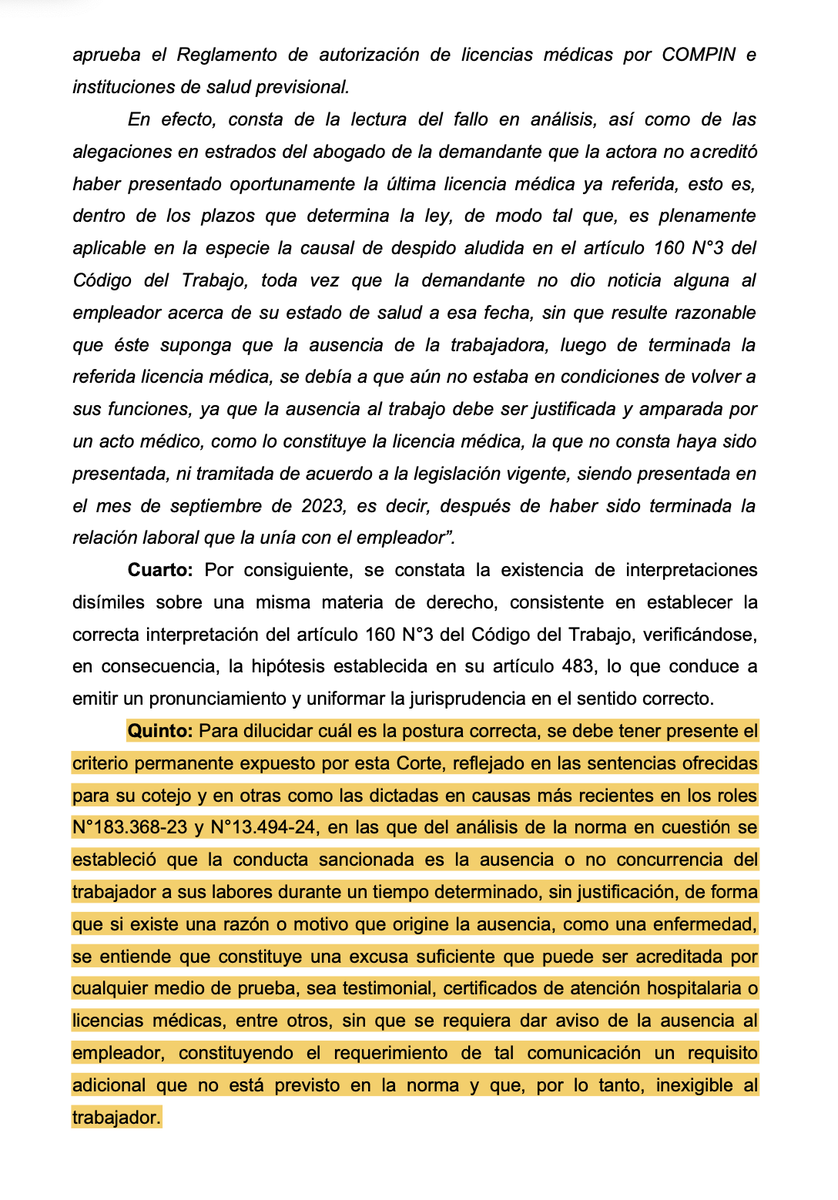 alvardominguez's tweet photo. SCS 59.640-2024, 3 de julio de 2026. Una enfermedad es excusa suficiente que puede ser acreditada por cualquier medio de prueba, sin que se requiera dar aviso de la ausencia al empleador, constituyendo un requisito adicional que no está previsto en la norma https://t.co/0DK5uWn9xV
