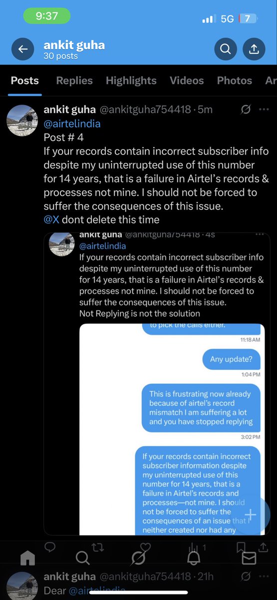 ankitguha754418's tweet photo. @elonmusk @X are scared of something as you keeps on deleting my post to @Airtel_Presence @airtelindia 
Post # 5 https://t.co/dtLiEPEufz