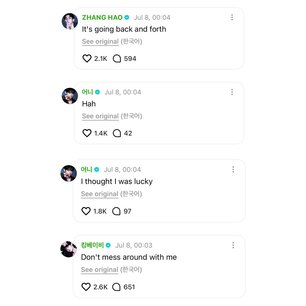 haoscan's tweet photo. and2ble are playing a game and seems like the penalty is posting on weverse? 😭 https://t.co/dR3N802cHq