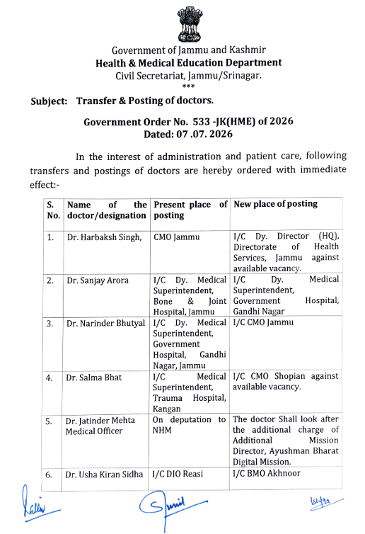 KNSKashmir's tweet photo. J&K Government Orders Major Reshuffle of 23 Doctors to Strengthen Healthcare