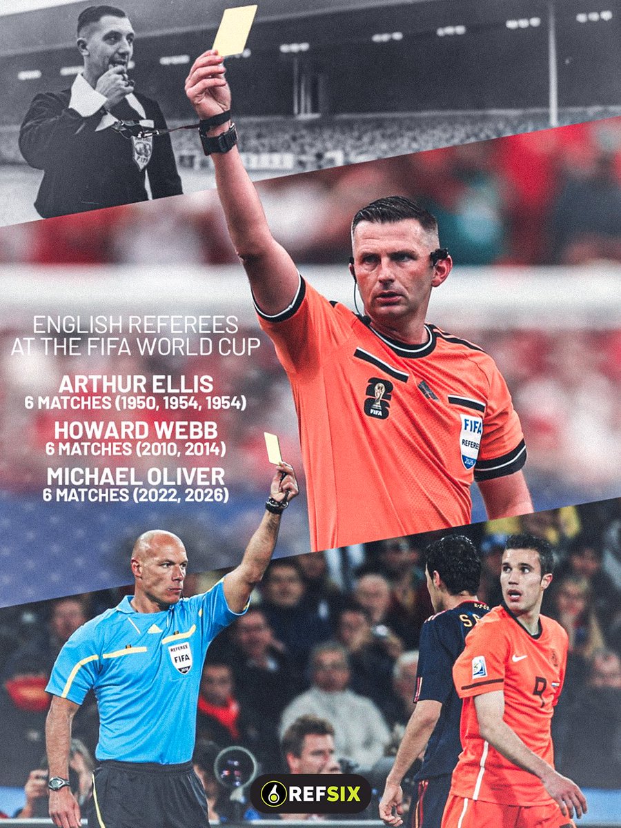 refsix's tweet photo. Michael Oliver just joined an exclusive club 🏴󠁧󠁢󠁥󠁮󠁧󠁿
Over the weekend, his Round of 16 appointment made it SIX World Cup matches — level with Arthur Ellis and Howard Webb as the most by any English referee in World Cup history.
Ellis did it across three tournaments in the 50s. Webb capped his six with the 2010 final. Oliver's done it in just two World Cups — and this tournament isn't over yet.
One more appointment and the record is his alone. 👀
Who's the greatest English referee at a World Cup? Drop your pick below 👇
📲 Track your own matches like the pros — download REFSIX, link in bio.