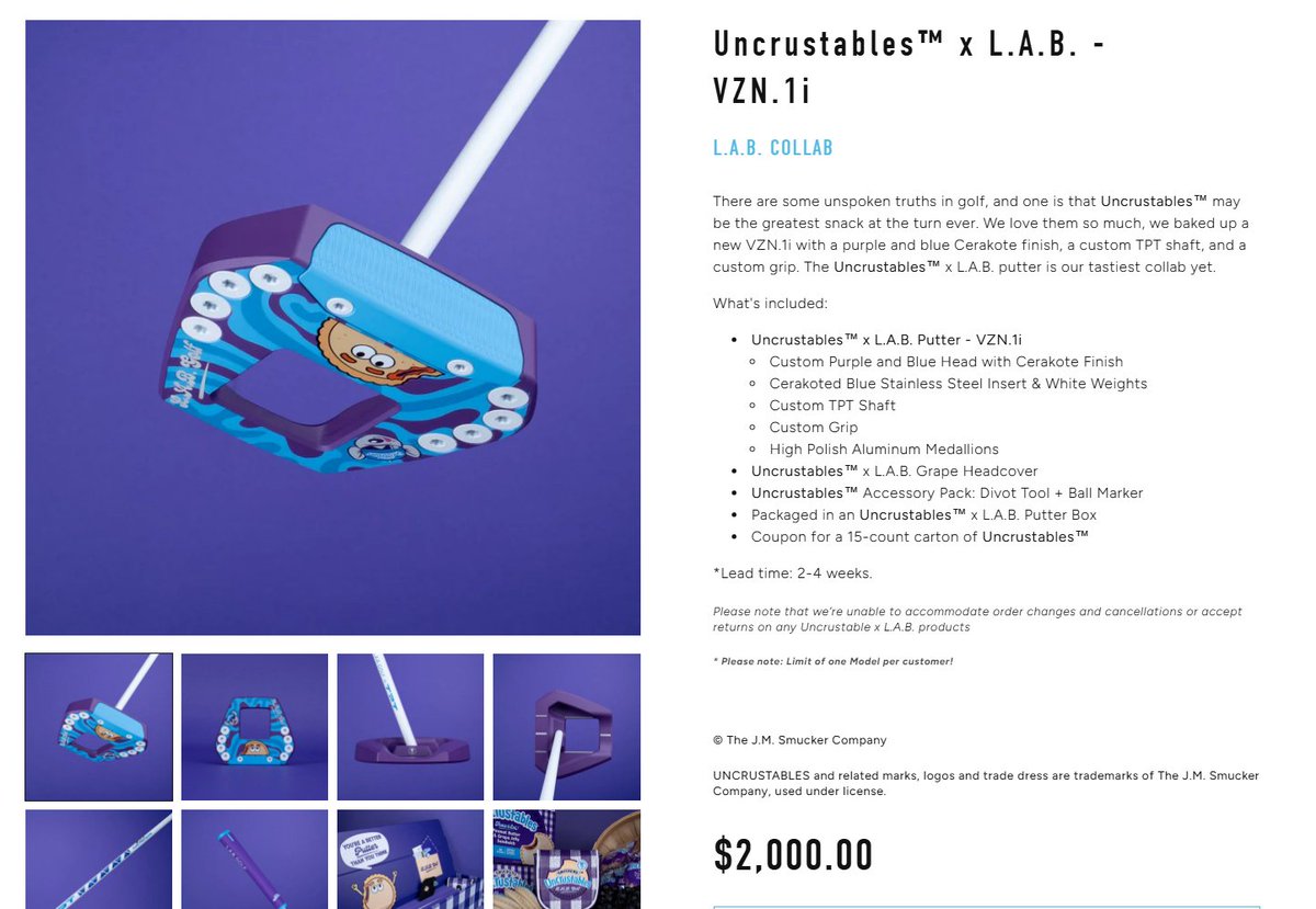 TeeTimesPub's tweet photo. I would be absolutely speechless if somebody in my group, or someone I have a match against, pulls out the $2,000 L.A.B. Golf VZN. 1i Uncrustables putter. 

Honestly hilarious that it comes with a coupon for 15 Uncrustables though. https://t.co/9hwUe1KutA