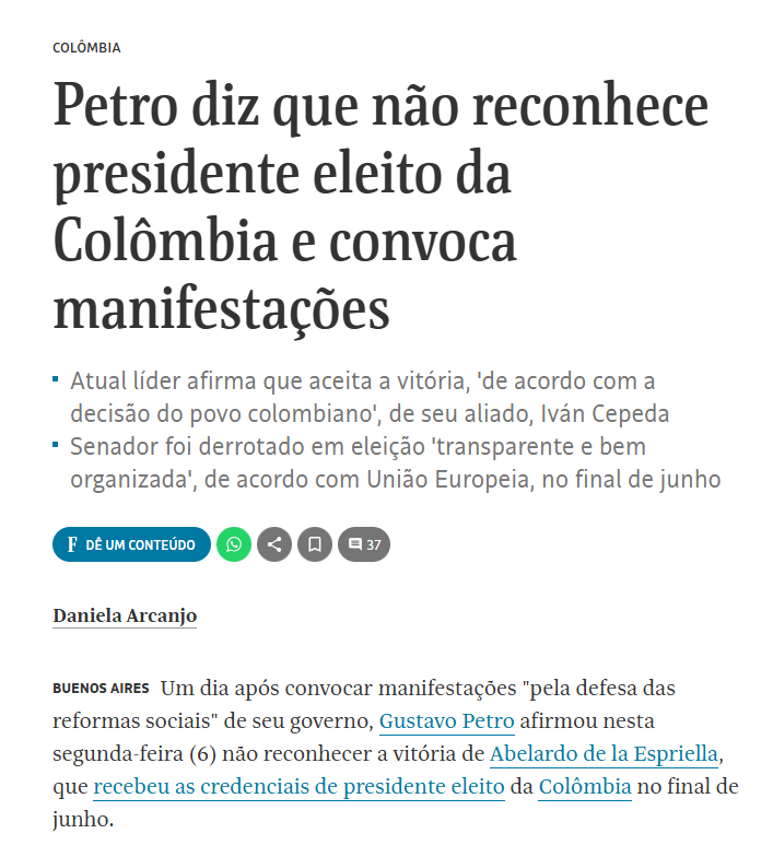 leandroruschel's tweet photo. Mais uma vez, o duplo padrão da militância de redação exposto.

Não há qualquer condenação ao ex-guerrilheiro comunista Petro por deixar de reconhecer o resultado das eleições na Colômbia.

Esse é mesmo jornal que chamou manifestações que questionavam resultado de 2022 no Brasil como "antidemocráticas" e "golpistas".