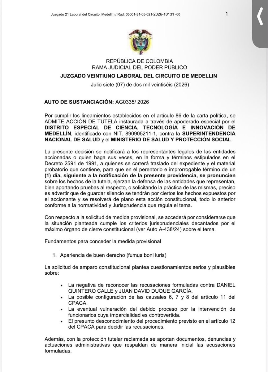 FicoGutierrez's tweet photo. La Justicia vuelve a ponerle freno a los abusos del Gobierno Petro.

La Justicia acaba de ordenar suspender de manera inmediata la “auditoría” que vino a hacer acá el que se robó Medellín, ahora desde la Supersalud. Miren la decisión como nuestra solicitud es clara con pruebas que no hay objetividad y que es evidente que están tratando de hacer daño a nuestra ciudad, teniendo en cuenta que están imputados por la Fiscalía por nuestras denuncias, y saben lo que se les viene: 4 principios de oportunidad de personas que hicieron parte de la banda ya contaron todo y entregaron pruebas de la red que crearon para desfalcar la ciudad. 

Siempre seremos respetuosos de las instituciones y las competencias. Pero es claro que ellos no tienen autoridad moral para venir a montar persecuciones, y mucho menos el Jefe de la banda que hoy responde ante la justicia con 55 imputados por el saqueo que le hicieron a la ciudad. 

No nos vamos a dejar intimidar. Pronto cesará la horrible noche 🇨🇴