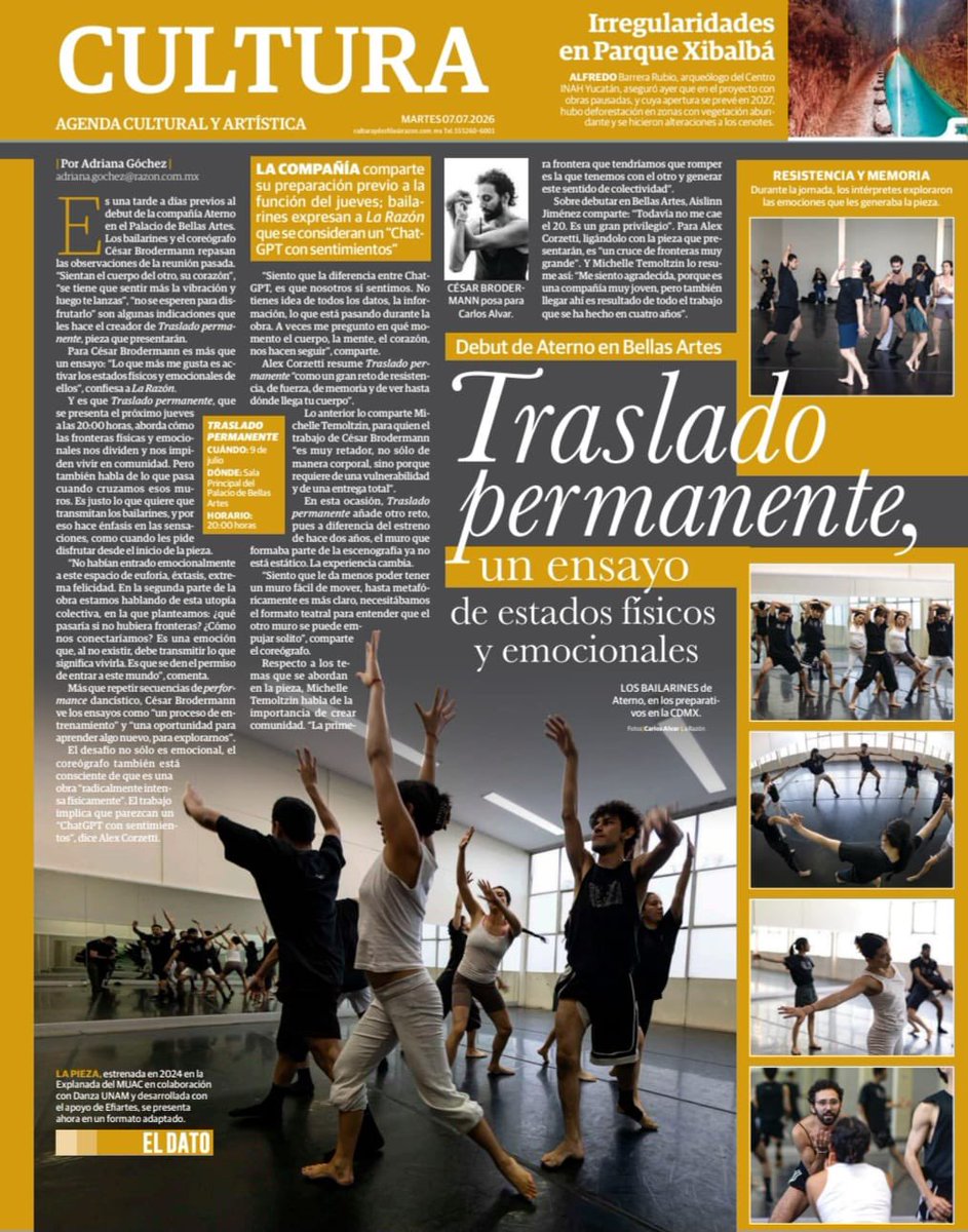 _MenuTeatral's tweet photo. No te pierdas la entrevista de Traslado permanente en La Razón 📰✨
La compañía Aterno comparte su proceso creativo rumbo a Bellas Artes: una obra sobre cuerpo, memoria, resistencia y estados físicos y emocionales.

#TrasladoPermanente #Cultura #Danza #LaRazón https://t.co/Wh6gWnFJ2Q