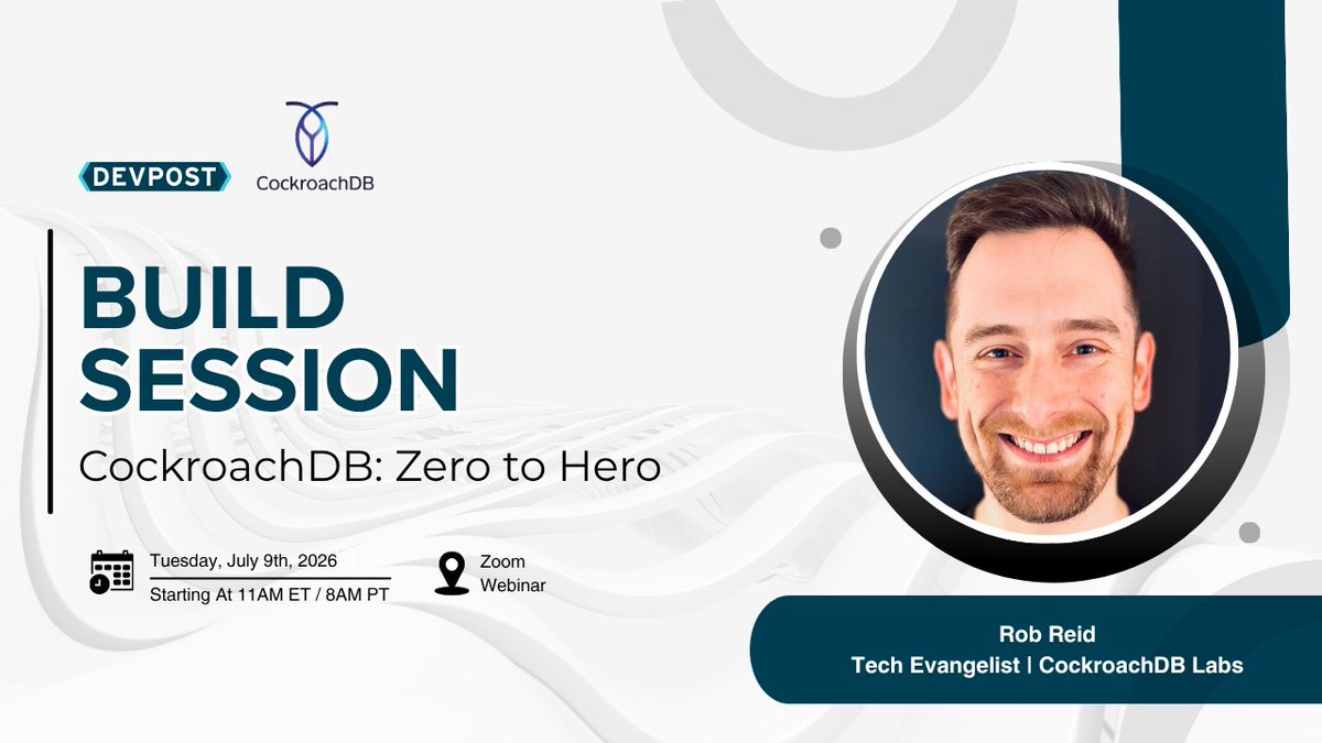devpost's tweet photo. Join us LIVE for the CockroachDB: Zero to Hero build session! We’re diving into installation, configuration, and a live Q&amp;A to help you succeed in the Build with Agentic Memory Hackathon ✨

📅 July 9, 2026 | 11:00 AM ET / 8:00 AM PT 
👉 Register here: https://t.co/ayLjDNZtCz https://t.co/npho37BIm8