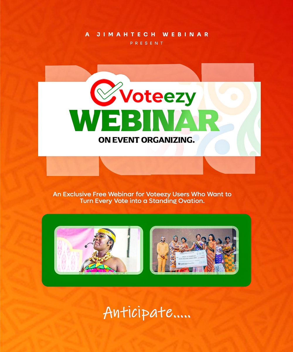 voteezy's tweet photo. Something Big is Coming for Event Organizers.
Are you ready to take your events to the next level? JimahTech is bringing you an exclusive, free Voteezy Webinar on Event Organizing.

If you want to master the art of organizing seamless events and turn every single vote into a standing ovation, this is for you.

Exclusive & Free for all Voteezy users.

Anticipate... 🤫⏳

Stay tuned to our page for registration details, dates, and speaker announcements. You won't want to miss this.

#Voteezy #EventOrganizing #JimahTech #Webinar #EventPlanners #Anticipate