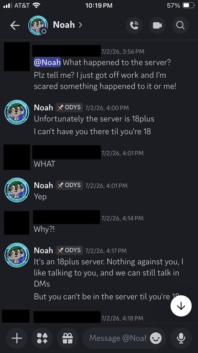 Wargamingdad21's tweet photo. Noah DMs a 16 year old on discord. He kicked them out of his discord but tells them "you can still talk to me."

Let me be clear Noah is not a groomer. What it does show is Noah didn't care about minors being in his server where Lolicon was being posted.

🧵Thread https://t.co/f7Mw9V5jfn