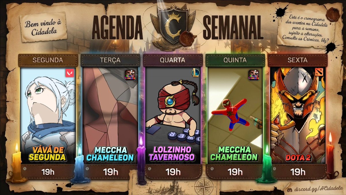 ACidadelaGG's tweet photo. Calendário SEMANAL (De 06 a 10 de Julho) E digo mais, essa vai ser nossa semana dos artistas, cheia de Meccha Chameleon. 
Nossa agenda ficou assim:
Segunda - de VALORANT 
Terça com - MECCHA CHAMELEON 
Quarta  de - LEAGUE OF LEGENDS 
Quinta de - MECCHA CHAMELEON  
Sexta naquele DOTA 2  
no discord da CIDADELA ás 19h! 
link na bio e comentário.