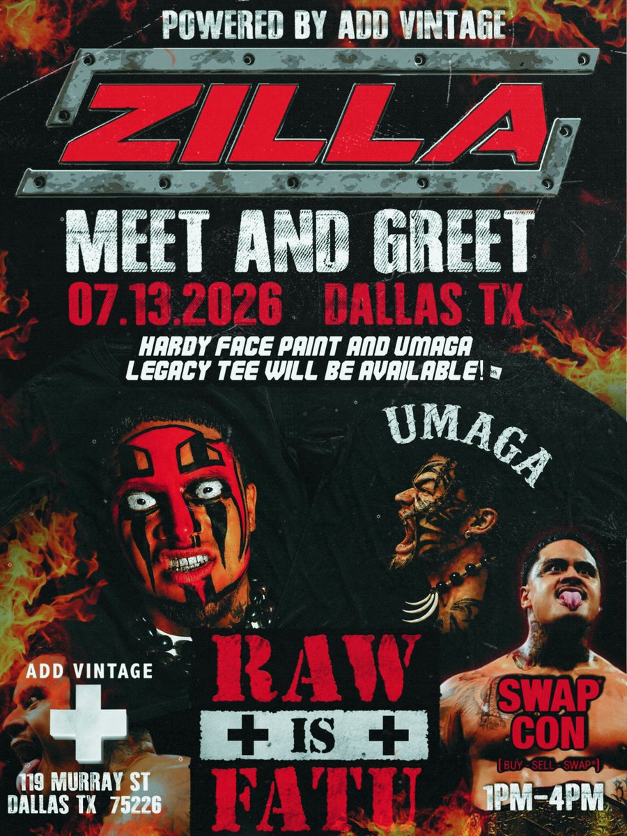 Zillafatu's tweet photo. HELLLOOO DALLAS TEXAS!!!

Stop by Add Vintage and meet the Main One before you go to #wweraw 

Hardy Face Paint &amp; Umaga Legacy Tee will be available at Meet &amp; Greet!!!!

Buy something from Add Vintage and get a FREE TICKET to SWAP CON!! @DFWVSM https://t.co/YZPZo3G4T3
