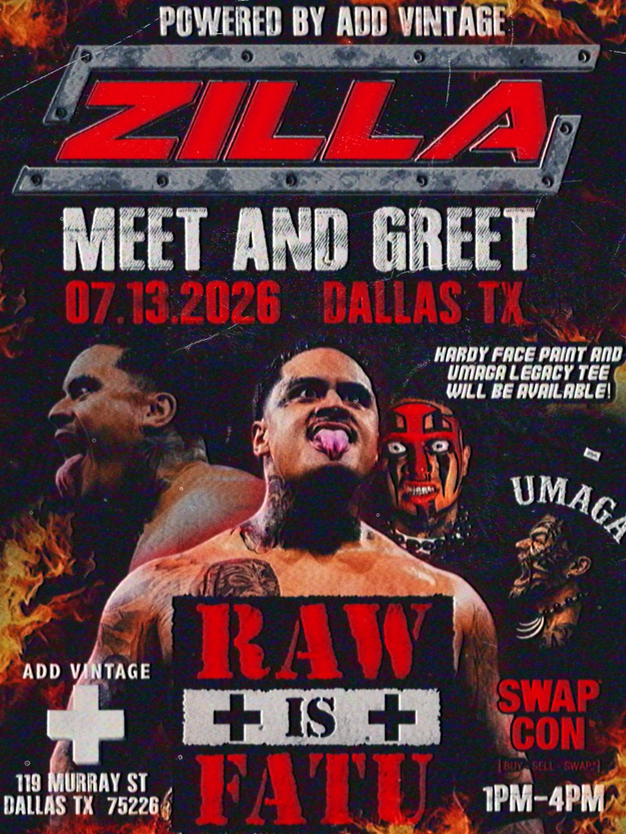 Zillafatu's tweet photo. HELLLOOO DALLAS TEXAS!!!

Stop by Add Vintage and meet the Main One before you go to #wweraw 

Hardy Face Paint &amp; Umaga Legacy Tee will be available at Meet &amp; Greet!!!!

Buy something from Add Vintage and get a FREE TICKET to SWAP CON!! @DFWVSM https://t.co/YZPZo3G4T3
