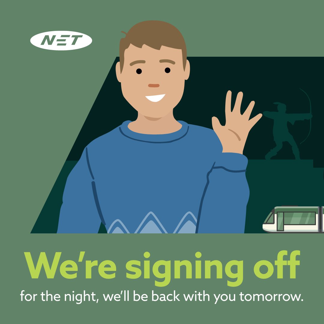 NETTram's tweet photo. Good evening, Max here signing off for the night.

✅ We're running a regular evening service to all stops.

We'll be back with you tomorrow. https://t.co/t2tkjadFrG