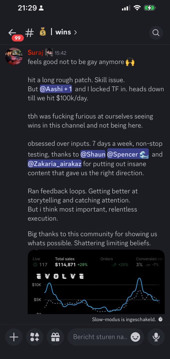 shauneng's tweet photo. .@EcomAashi and @surajecom spent months watching their Ecom brand bleed from $20k/day down to $3k... 

Then flipped it to a $100k day in 30 days.
⠀
Most people would've killed the brand by then, but they didn't.
⠀
The whole time it was sliding, they were quietly custom developing a new product and getting better at the stuff that actually moves the needle - copywriting, creative strategy, feedback loops.
⠀
The new product hit $50k/day in two weeks off fresh creatives and positioning. 

Then it started slowing down.
⠀
Instead of bailing, they doubled down. 

Sat down and ran intense feedback loops on the winners that were dying and figured out exactly why they worked in the first place.
⠀
Gossip-worthy storylines. High stakes + authority. The pitch wrapped in a story.
⠀
Wrote one new ad off those learnings that took it to $100k/day.
⠀
All in 30 days, but it wasn't really 30 days.
⠀
It was months of reps before they had something that worked. 

So the second they did, they knew exactly what to look for and how to double down fast.
⠀
Most of you already have an angle that's working. You just don't understand why yet, or what to look for. 

Might take you months of feedback loop reps to see it. But once it clicks, it clicks fast.
⠀
Tis the way of the chad scaler.