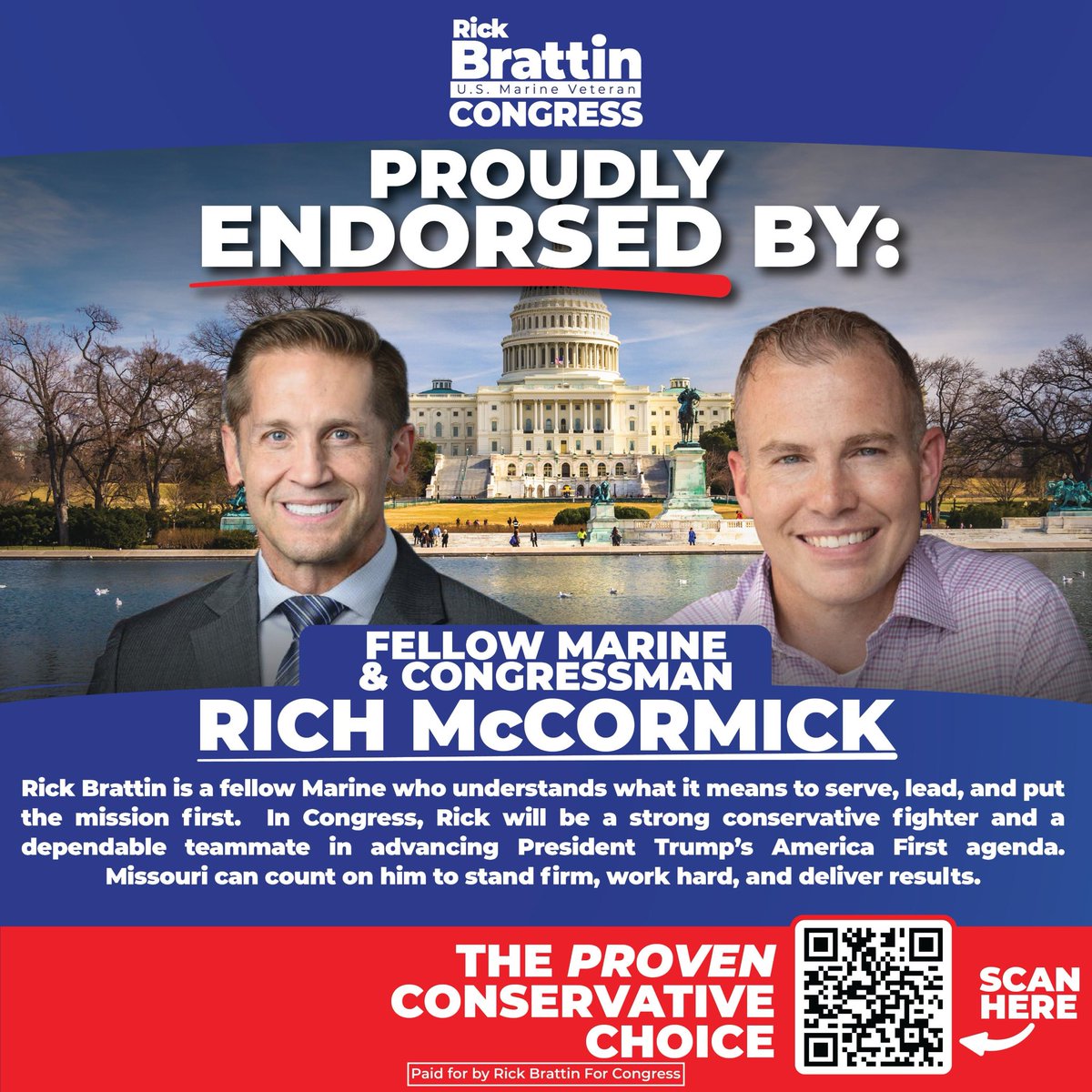RickBrattin's tweet photo. Honored to receive the endorsement of fellow Marine and Congressman, Rich McCormick! 

“Rick Brattin is a fellow Marine who understands what it means to serve, lead, and put the mission first.  In Congress, Rick will be a strong conservative fighter and a dependable teammate in advancing President Trump’s America First agenda.  Missouri can count on him to stand firm, work hard, and deliver results.”