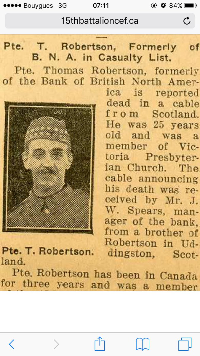 sjack0784's tweet photo. Toronto on the way home from the World Cup I paid my respects to Thomas Robertson who was from my village in Scotland and emigrated to Canada in 1912. Serving with the 15th Batt, 48th Highlanders he died of wounds in 1915. The memorial is in the church where he was a member. https://t.co/fDttpckAiQ