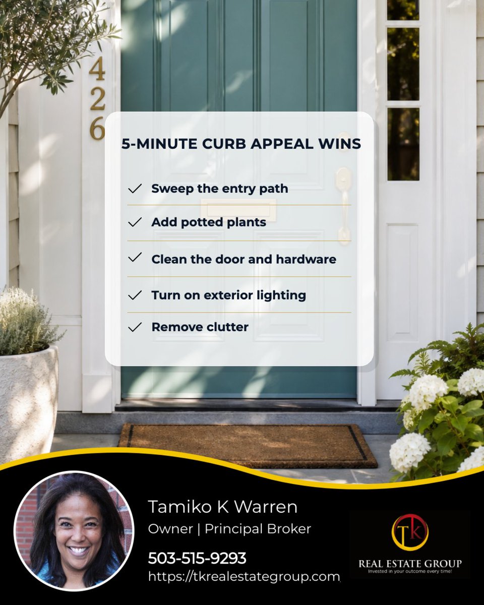 tkwarren1061's tweet photo. You don’t need a major landscaping project to boost curb appeal. 🏡✨

🌿 Tidy the entry and walkways
🪴 Add fresh plants
🚪 Clean the front door
💡 Turn on exterior lights
📦 Clear porch clutter

Small updates can make a big first impression. https://t.co/z1rEzJNDm4
