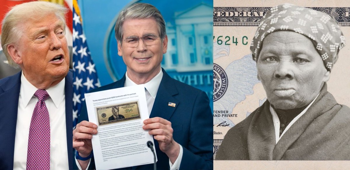 Abigail_M2050's tweet photo. Trump's Treasury just scrapped Harriet Tubman for the $20 bill—a woman who escaped slavery and freed others.
Instead, they're rushing to print a $250 bill with Trump's own mug on it.
It's about whitewashing history to feed one man's ego.
Racist clown show at its finest. 🤡 https://t.co/rrw5xeFkjQ