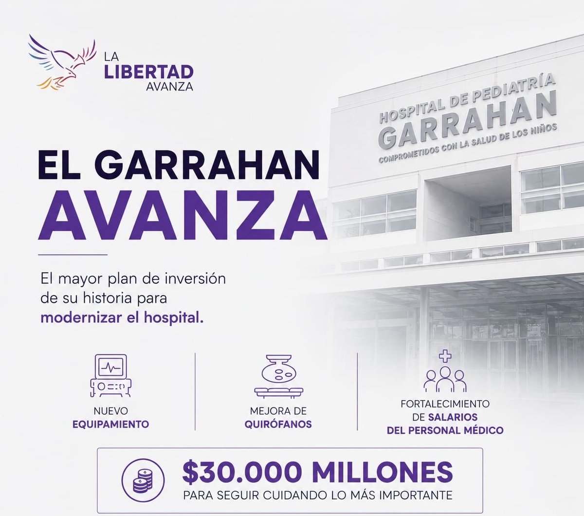 manuelquintar's tweet photo. El Garrahan avanza con el mayor plan de inversión de su historia.

Se destinan $30.000 millones para modernizar el hospital, incorporar equipamiento de última generación, renovar quirófanos y fortalecer los salarios del personal médico.

Argentina sigue sanando 💪🏻🇦🇷 https://t.co/PgOw8DWiwS