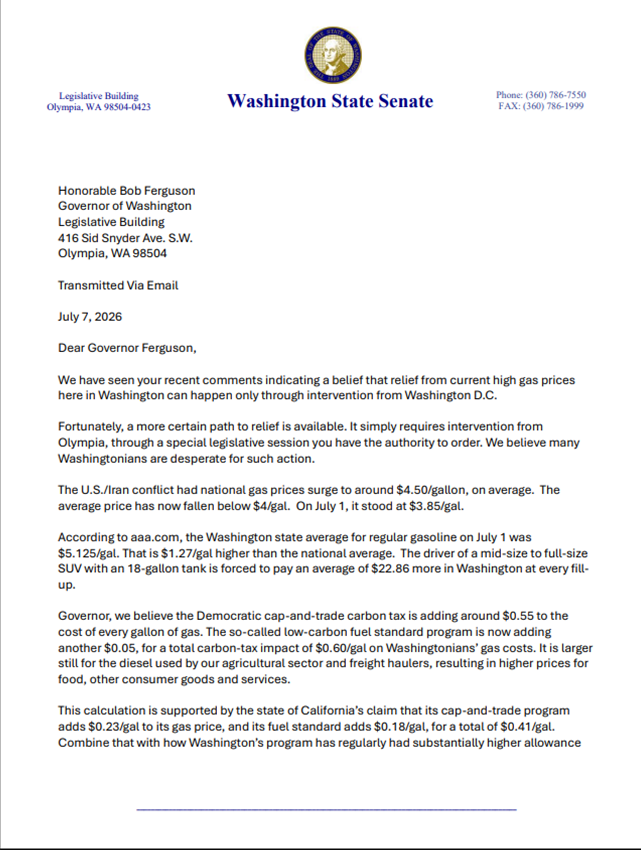 thehoffather's tweet photo. BREAKING: WA State Senate Republicans are requesting that Gov. Bob Ferguson call a special session to lower gas prices by pausing the Climate Commitment Act

The average gas price in WA is $5.02 a gallon, $1.23 over the national average of $3.79. Gas taxes also went up July 1. https://t.co/GVniHKvz0T