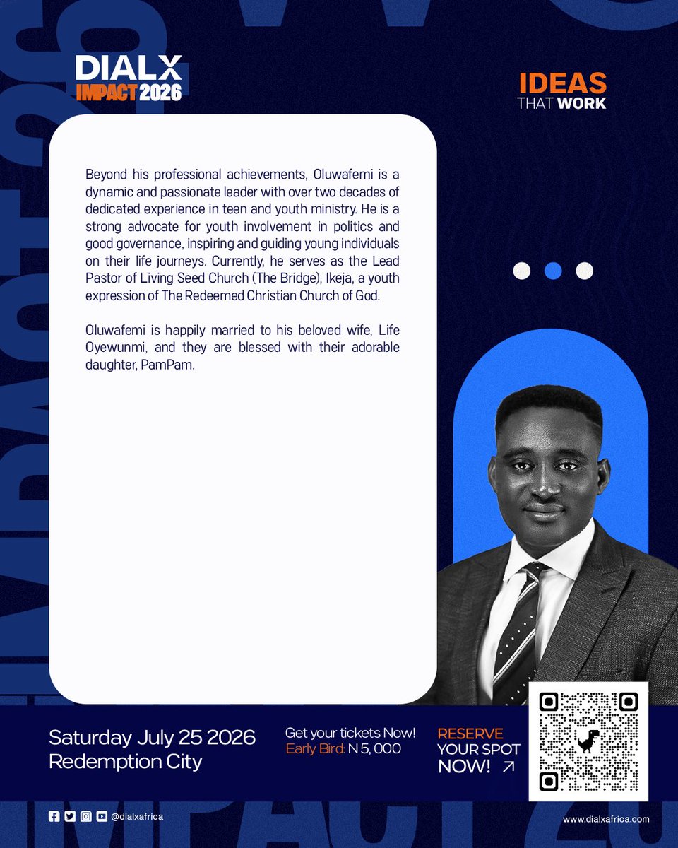 dialxafrica's tweet photo. Meet Oluwafemi Oyewunmi. Founder of School of Wealth NG and a respected financial transformation expert, Oluwafemi has empowered thousands through mentorship, business coaching, and strategic leadership. 
Join him at DialX Impact 2026 as he shares practical insights on leadership, growth, and creating lasting impact.
Date: Saturday, July 25, 2026
Venue: Redemption City