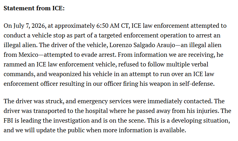 azucenau's tweet photo. 🚨Un mexicano murió durante un operativo del ICE en Houston, Texas

De acuerdo con el Departamento de Seguridad Nacional, el hombre, identificado como Lorenzo Salgado Araujo, presuntamente intentó evadir su detención y utilizó su vehículo para intentar atropellar a un agente, quien respondió con disparos.

El FBI quedó a cargo de la investigación para esclarecer lo ocurrido. 

https://t.co/gilKlDkYrz