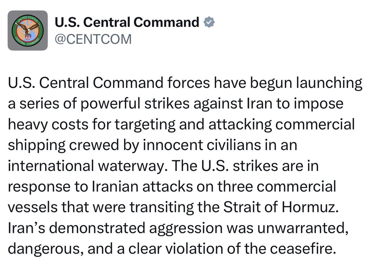 Breaking911's tweet photo. BREAKING: U.S. Central Command says it has launched a series of powerful strikes against Iran in response to Iranian attacks on three commercial vessels transiting the Strait of Hormuz, calling the attacks an “unwarranted” and “dangerous” violation of the ceasefire. https://t.co/hKS1ZQdNrQ