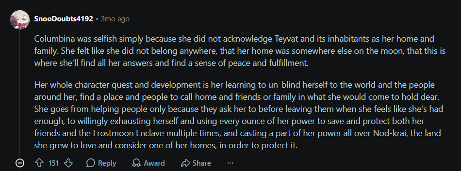 RElsora6283's tweet photo. @kafkadaks You people are so uncharitable in your interpretations AND you don't know how to read. You literally can't name a worse combination of stupidity. 
The plot of Nod-Krai was Columbina learning to GROW beyond her childish selfishness and childish hypocrisy. https://t.co/yn6Nr4EIb6