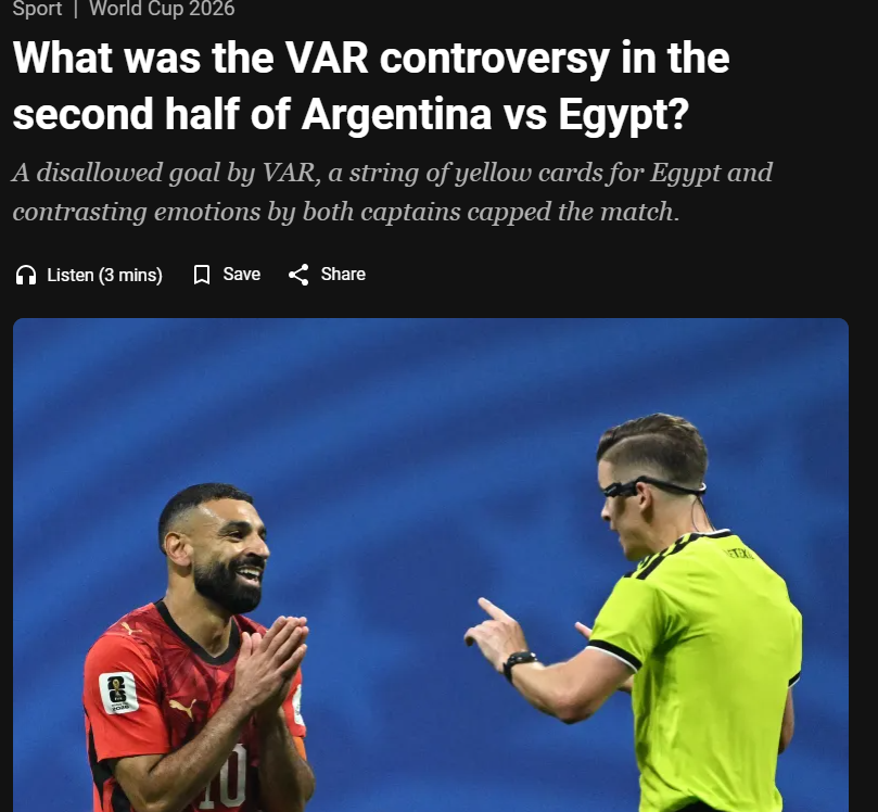 Eyaaaad's tweet photo. الصحف العالمية بدأت تتحدث عن المشاكل التحكيمية والـ VAR في مباراة مصر والأرجنتين. https://t.co/Ufbu6ItvSv