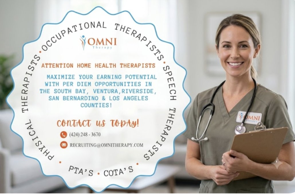 OmniTherapyInc's tweet photo. Attention Physical Therapists, Occupational Therapists & Speech Language Pathologists! Interested in flexible per diem home health opportunities in Southern California? Contact OMNI Therapy today!
#speechtherapist #physicaltherapist #occupationaltherapists #COTA https://t.co/3RE5NxSrxM