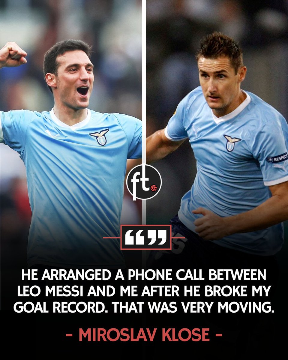 Footballtweet's tweet photo. 🇩🇪🇦🇷 Miroslav Klose on Leo Messi breaking his World Cup record: ​

"The Argentine head coach Lionel Scaloni was my teammate at Lazio, and we are still in regular contact. He arranged a phone call between Messi and me after he set my World Cup goal record. That was very moving.

Of course, we have crossed paths on the pitch every now and then, which was always nice and respectful. This phone call, however, was the first time we spoke with each other for a bit longer outside of that. He said he would send me a signed jersey."