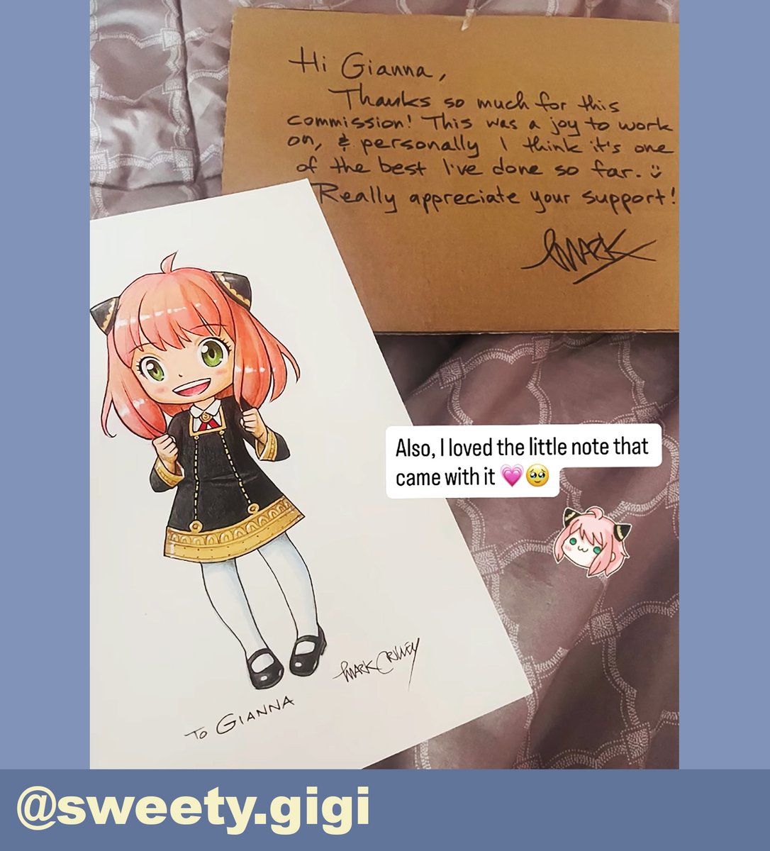 markcrilley's tweet photo. https://t.co/KyIhS8AVKP Many thanks to @ sweety.gigi on Instagram, who commissioned me to create this picture of Anya, from Spy x Family. When I ship the artwork, I make sure it's protected by sheets of cardboard, upon which I always write a little Thank You message. :) https://t.co/mxvOTQbydK