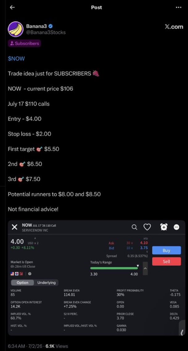 _socialjuice's tweet photo. $NOW

This trade idea posted for my SUBSCRIBERS 

IS NOW UP over 60% 🤗 

Are you a SUBSCRIBER???

Here’s what my SUBSCRIBERS got below 👇 https://t.co/I6gkOs6wK7