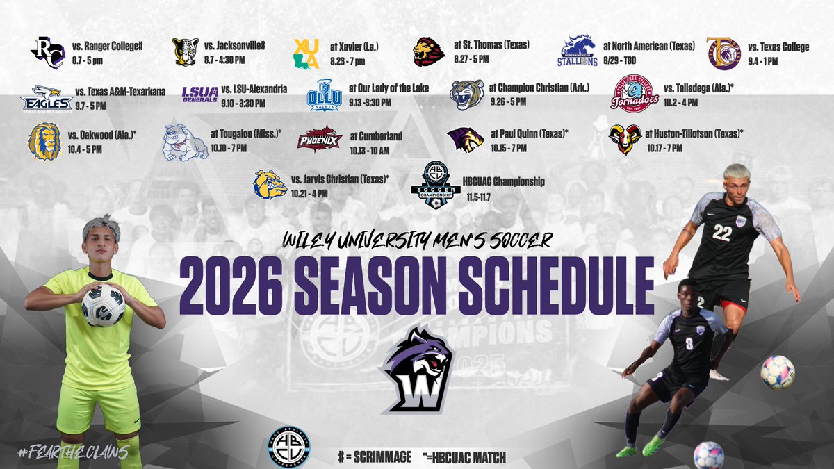 WileyAthletics's tweet photo. The road won't be easy. 🏆⚽

The defending #2025HBCUACChamps face 3 NAIA Championship qualifiers in 2026. Read about every opponent and see what's ahead: https://t.co/9NpFHzNo3e

#FeartheClaws #WhereWinnersThrive #GoForthInspired https://t.co/6PGTRWkAwi