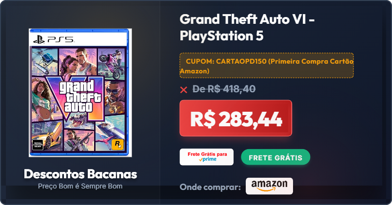 descontosbr's tweet photo. CORRE ANTES QUE ACABE! 🏃‍♂️💨

CUPOM: CARTAOPD150 (Primeira Compra Cartão Amazon)

Grand Theft Auto VI - PlayStation 5

🔥 R$ 283,44 [32% OFF]
❌De R$ 418,40

🚚 Frete GRÁTIS Amazon Prime
🛒 COMPRE AQUI: https://t.co/5B1Be02eb1

#Achadinhos #Oferta https://t.co/RDnJ8FVmKP
