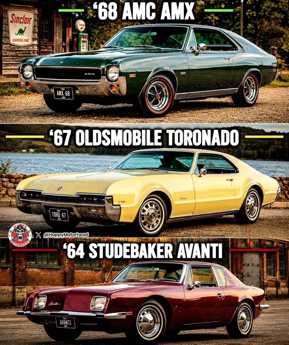 HappyMotorhead's tweet photo. Which one are you taking to the car show?
Top: 1968 AMC AMX
Middle: 1967 Oldsmobile Toronado
Bottom: 1964 Studebaker Avanti
Choose wisely—your mechanic is already judging you. 🏎️💨
#ClassicCars #MuscleCars #CarTalk #VintageCars #AutoObsession https://t.co/scsnWlfhj9