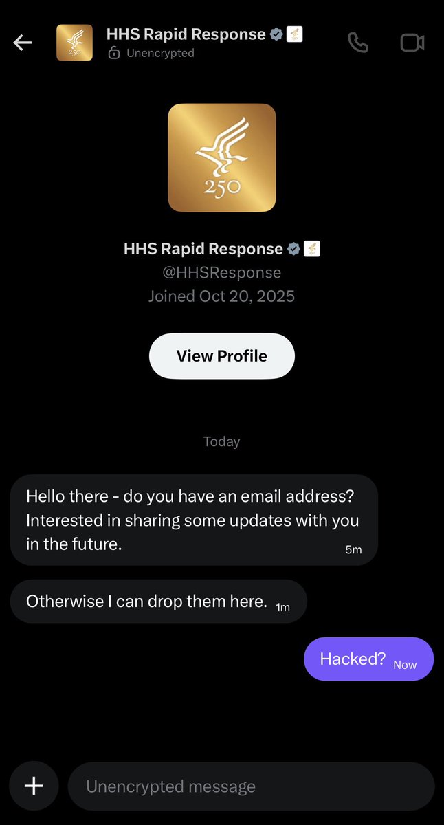 MJTruthUltra's tweet photo. Unless RFK Jr and his team all of the sudden think’s I’m totally awesome… it appears the HHS Rapid Response account has been hacked. @Support @nikitabier 

They sent me this personal DM. https://t.co/tE6SWjWRSS