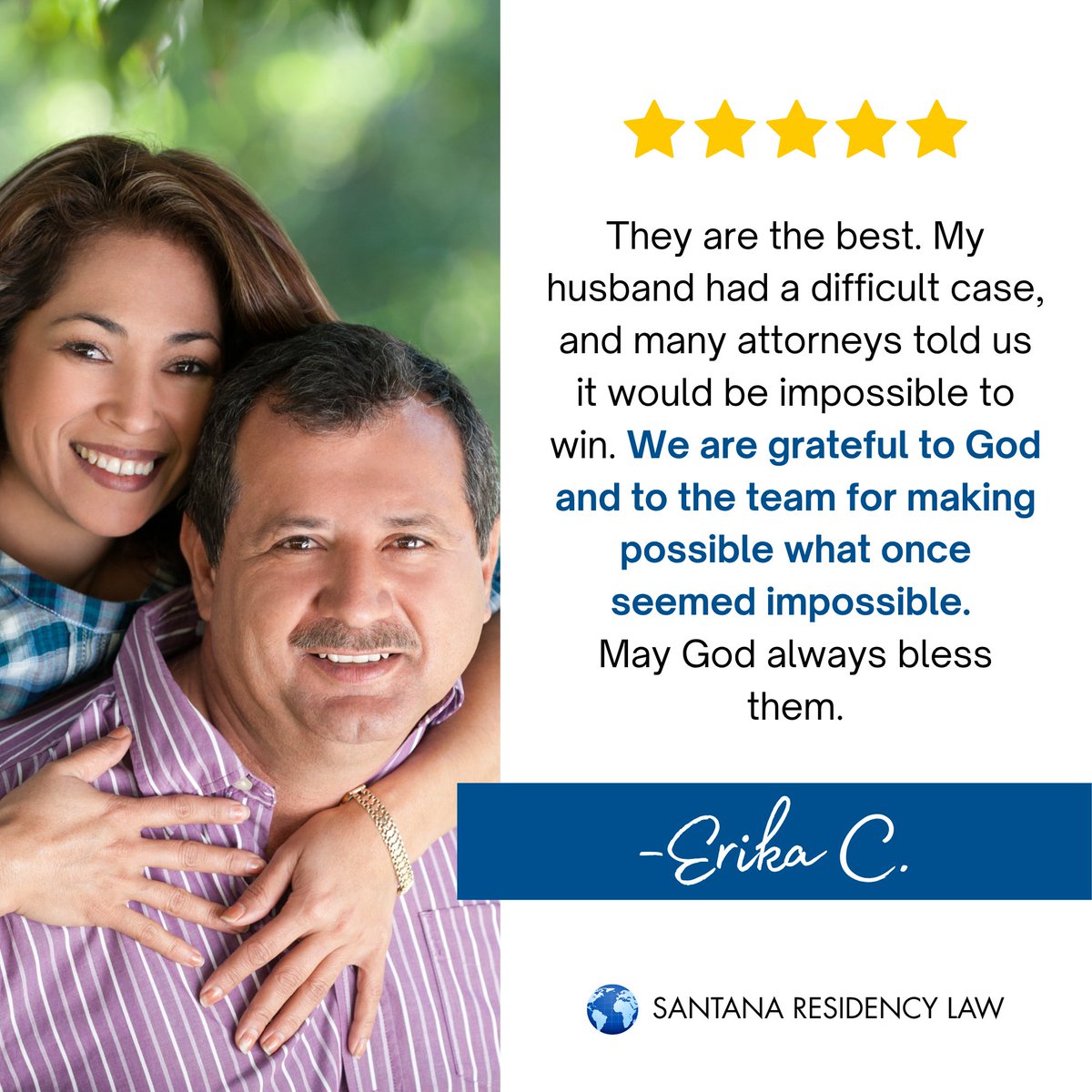 SRLawPA's tweet photo. Every story represents a family, a journey, and hope. 💙 

We’re grateful to Erika for trusting Santana Residency Law and sharing her experience. Every case is different, and results may vary. 

📞 305-916-4800 

#ClientReview #ImmigrationLaw https://t.co/03jBBxUfrQ