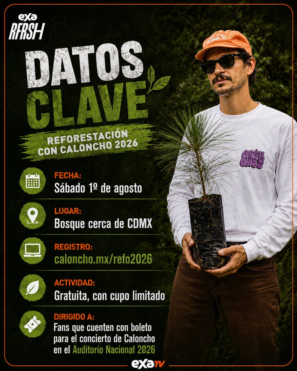exatv's tweet photo. AWW 🌱🎶 @elcaloncho  quiere cambiar el escenario por el bosque… y sus fans están invitados. 🌳✨

Como parte de su iniciativa ambiental Día a Día, el cantante reunirá a su comunidad este 1 de agosto para una jornada de reforestación cerca de CDMX con siembra de árboles, convivencia y un momento especial de música en vivo con Caloncho. 🫶🍃

La actividad será gratuita y de cupo limitado, dirigida a fans que cuenten con boleto para su concierto del 27 de noviembre en el Auditorio Nacional. 👀🎟️

👉 Desliza para conocer los detalles.

#Caloncho #Reforestación2026 #EXARFRSH #EXATV #DíaADía