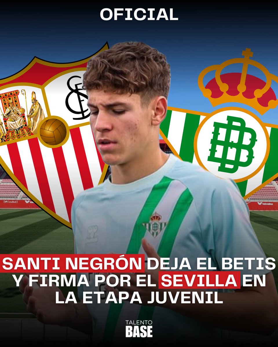 TalentoBase's tweet photo. 🚨 ÚLTIMA HORA: Santi Negrón se marcha al #SevillaFC en su primer año 𝐣𝐮𝐯𝐞𝐧𝐢𝐥

👀 El lateral derecho llega desde el Cadete ‘A’ del #RealBetis. 

🔙 Ha disputado 17 encuentros como titular esta temporada. https://t.co/nIjVdwRCX5