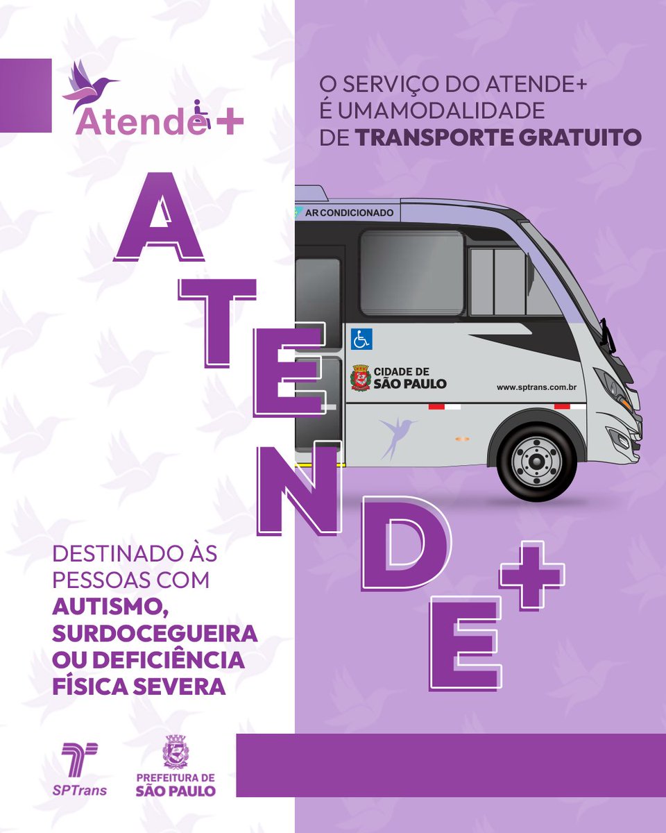 sptrans's tweet photo. ♿🚐 O Atende+ garante autonomia e mobilidade para pessoas com deficiência física severa, autismo ou surdocegueira. Saiba mais detalhes: https://t.co/O52Fq811uu. https://t.co/FjEo9FfC8Q