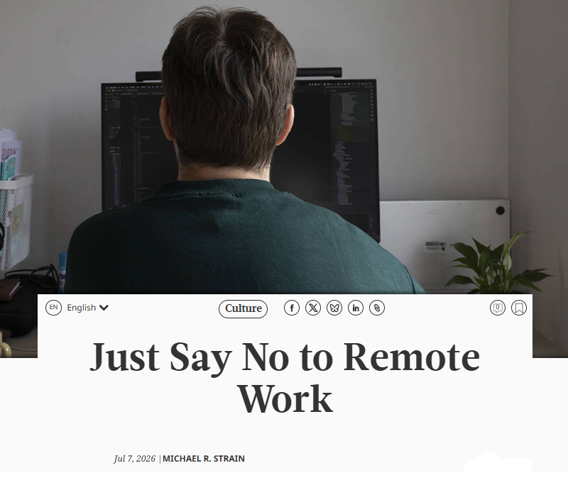 MichaelRStrain's tweet photo. My advice for the two million young people who graduated with bachelor’s degrees over the last few months and are just starting their careers: Go to work—not just figuratively, but literally. If you have a job that allows hybrid work arrangements, do not use them. Instead, be at your desk five (or six!) days per week. And if your job is fully remote, start looking for a new one. 

The message younger workers need to hear is not nuanced: Be physically present. Work hard. Knock on doors. Get to the office before your supervisor arrives, and don’t leave work before he or she does.

First impressions matter, and like the background on a Zoom call, they can be blurred and distorted unless you are standing face to face.

My @ProSyn column: https://t.co/bfj4GcMryx