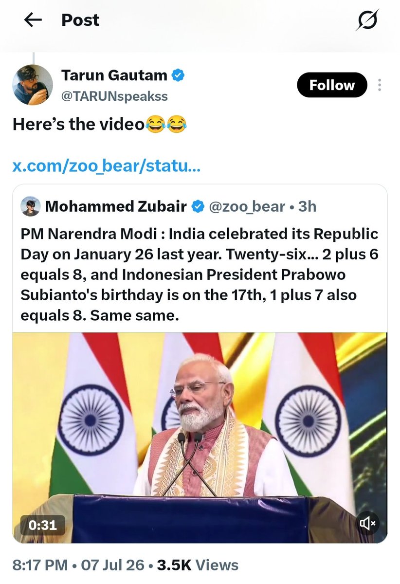 VarunKrRana's tweet photo. This is exactly how their propaganda machinery works.

Zubair deliberately cut and edited the video, intentionally hiding the most crucial part of the exchange. He selectively stripped away the context where Indonesian President Prabowo Subianto explicitly initiated the conversation about the number 8 being his lucky number.

By removing the first half of the interaction, this fake news brigade manufactured a completely false narrative to mock the Prime Minister of India, passing off a lighthearted, respectful diplomatic reply as something else entirely.

It is a classic case of using half-truths and malicious editing to mislead people for an agenda.