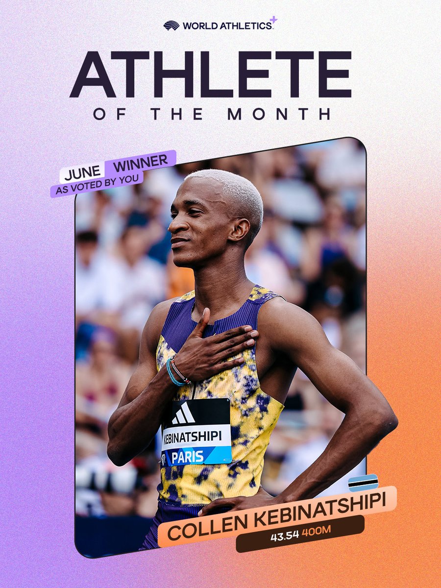 WorldAthletics's tweet photo. 🇧🇼’s Collen Kebinatshipi is your June Athlete of the Month ‼️

Double world champ, Collen Kebinatshipi stormed to a #Diamondleague record of 43.54 over 400m at the @MEETINGPARIS 🤩 https://t.co/LoclZgNmRU